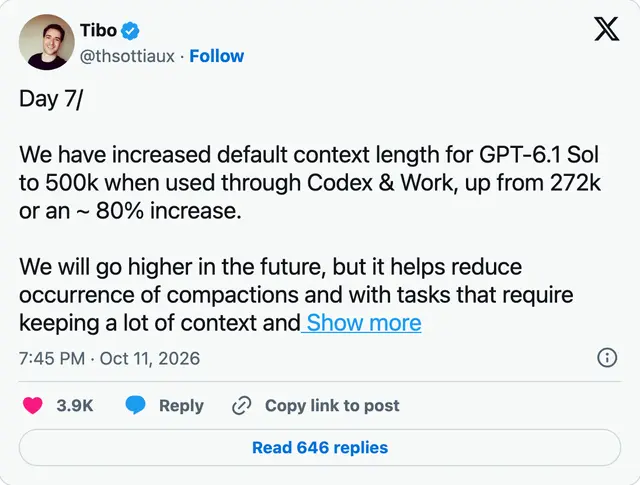 Capture of the post by @thsottiaux on 11 Oct 2026