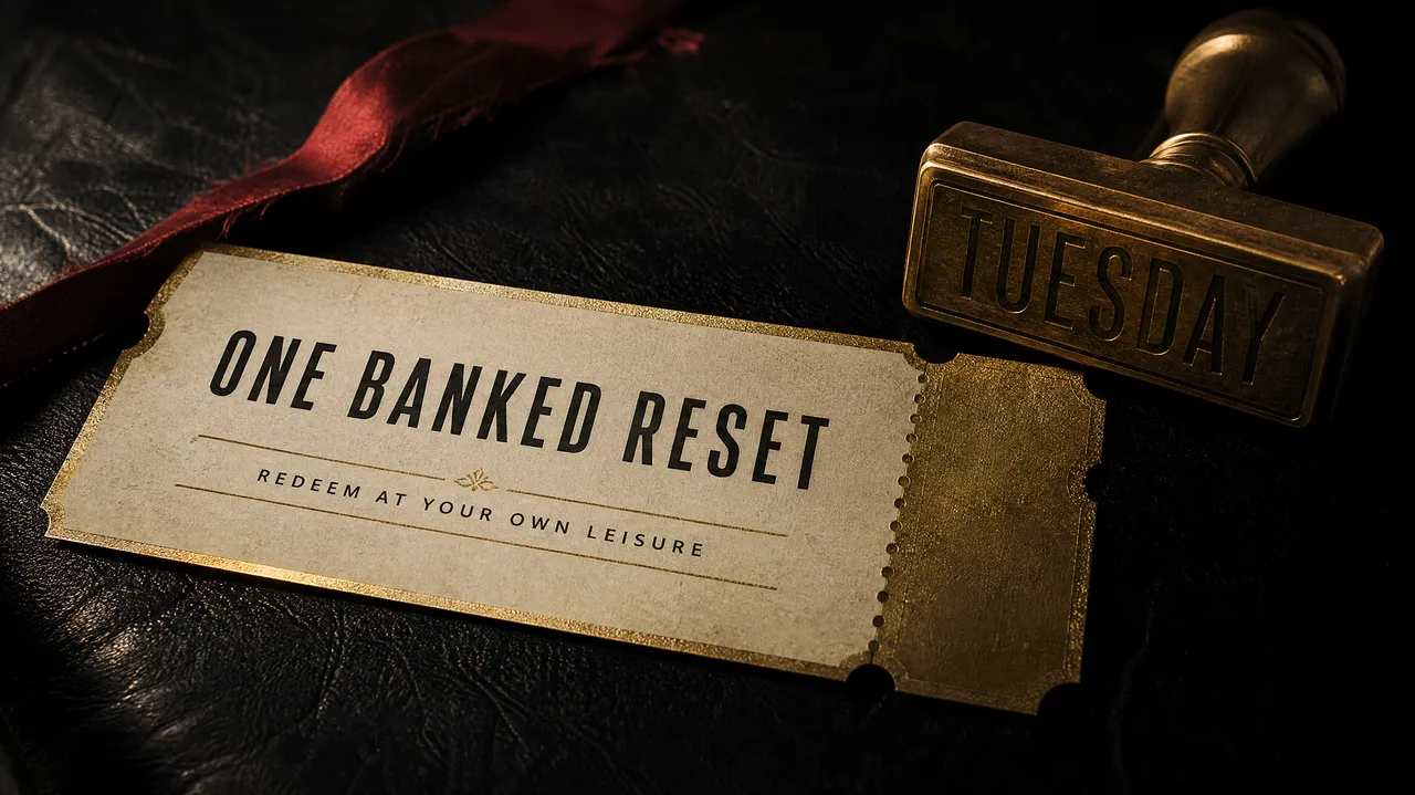 Illustration: a perforated brass coupon reading ONE BANKED RESET, REDEEM AT YOUR OWN LEISURE, with a TUESDAY stamp across the corner.