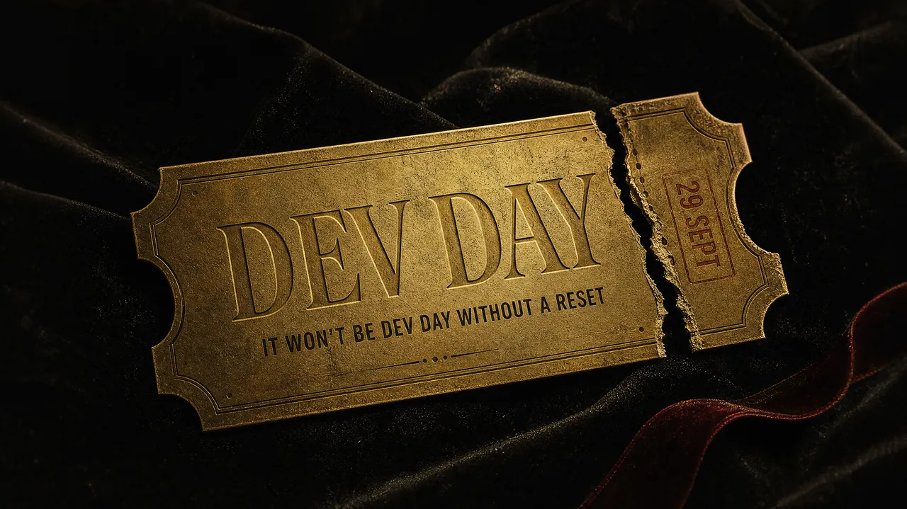 Illustration: a brass event ticket stamped DEV DAY, 29 SEPT, with the line IT WON'T BE DEV DAY WITHOUT A RESET punched across it.