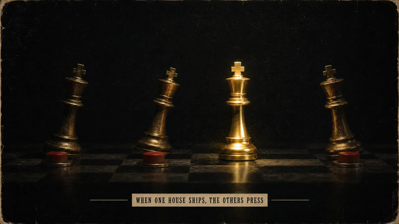Illustration: four brass chess kings on a dark board, one tipped forward, captioned WHEN ONE HOUSE SHIPS, THE OTHERS PRESS.