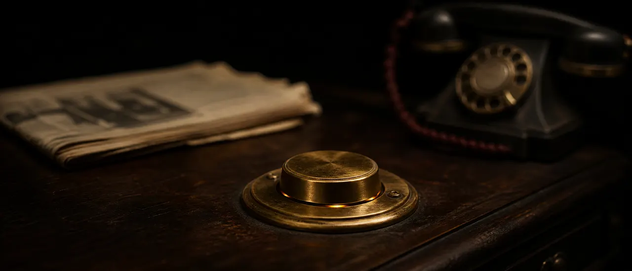 Illustration: the brass button on a dark desk, the object this whole beat is about
