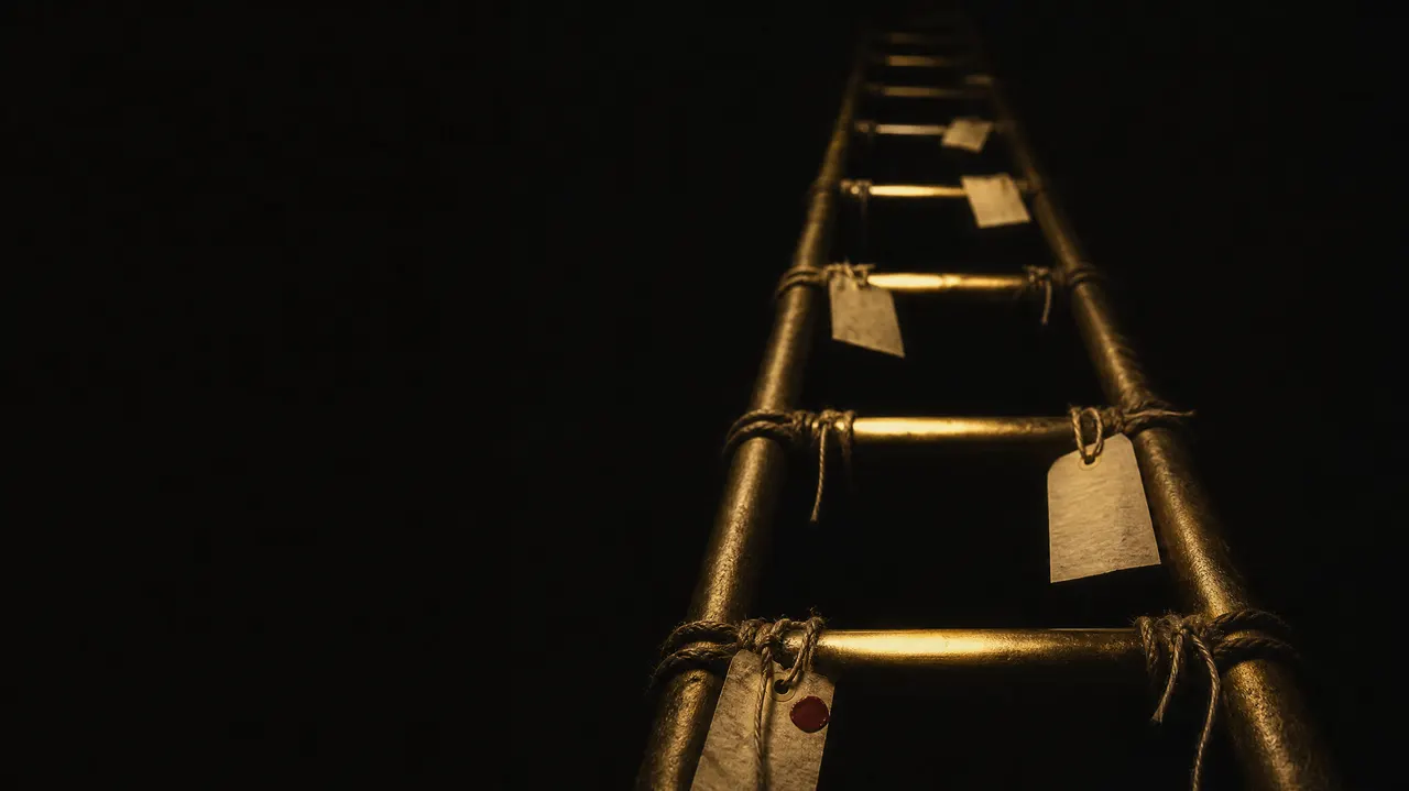 Illustration: the milestone ladder, brass rungs stamped 15M, 20M and 25M climbing out of frame.