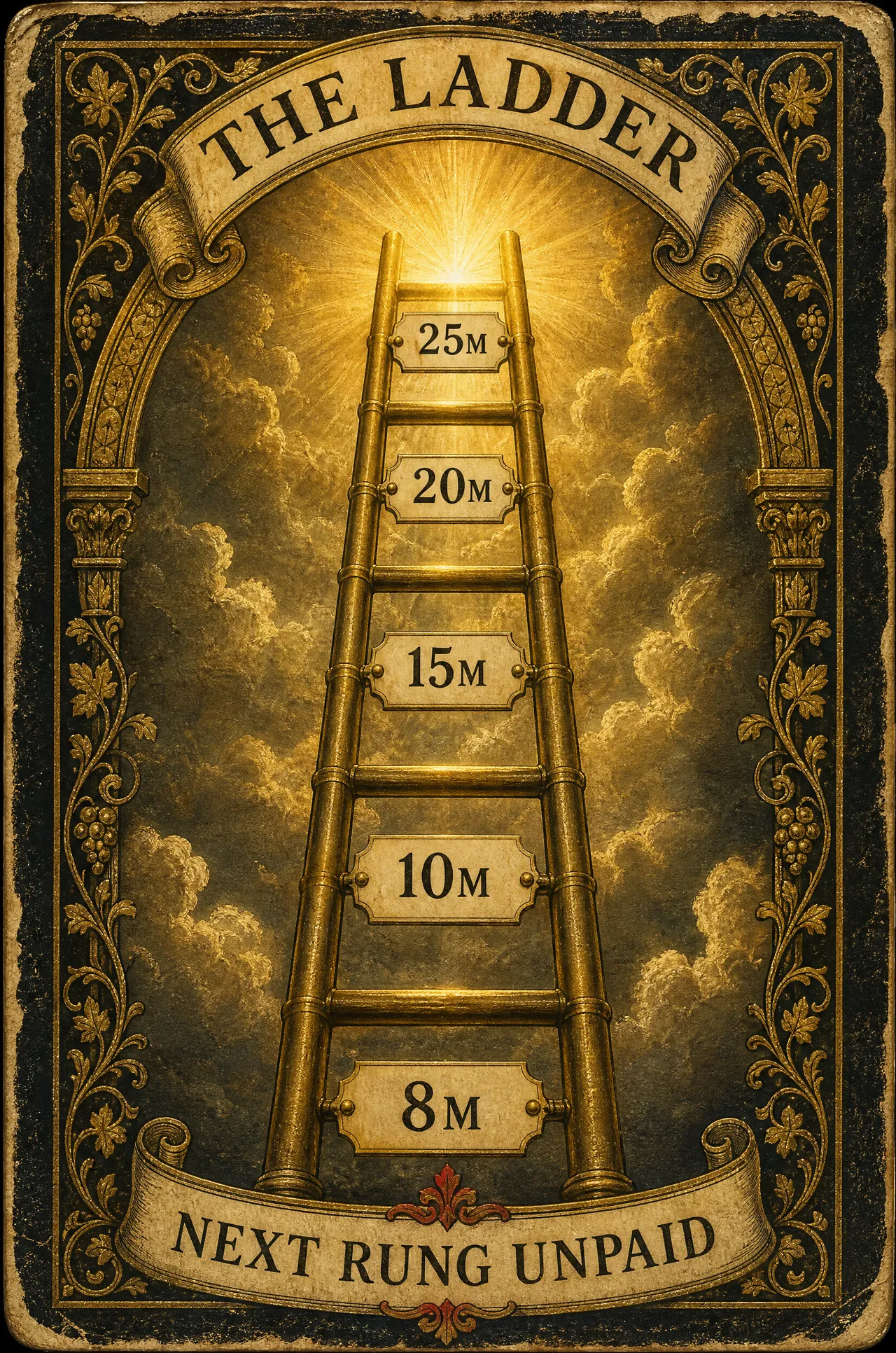 Illustration: a devotional card for the milestone ladder, brass rungs stamped 10M through 25M climbing out of frame with the top rung unlit.