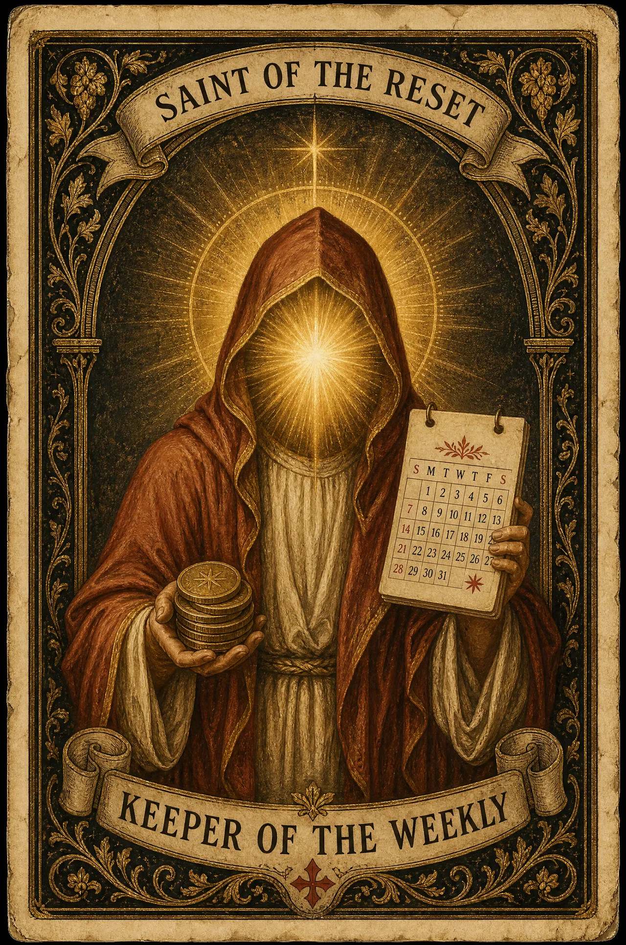 Illustration: a devotional prayer card for the Claude Code desk. A hooded figure with a burst of light where a face would be, holding an hourglass, lettered KEEPER OF THE WEEKLY.