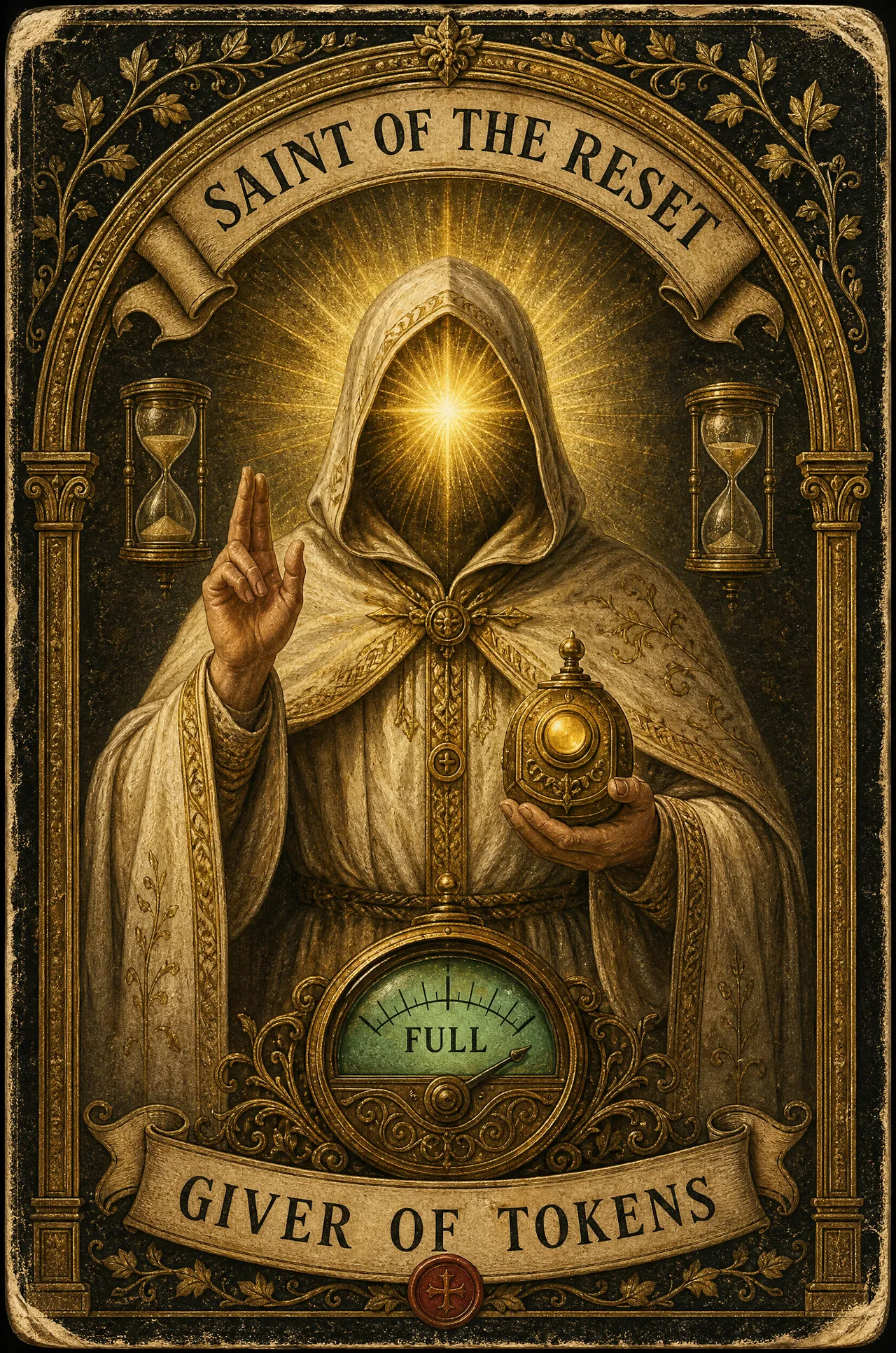 Illustration: a devotional prayer card for the Codex desk. A hooded figure with a burst of light where a face would be, holding a brass button, lettered GIVER OF TOKENS.