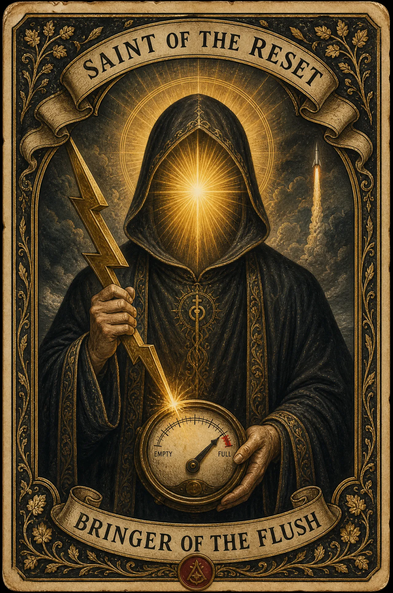 Illustration: a devotional prayer card for the Grok Bot desk. A hooded figure with a burst of light where a face would be, holding a spilling vessel, lettered BRINGER OF THE FLUSH.