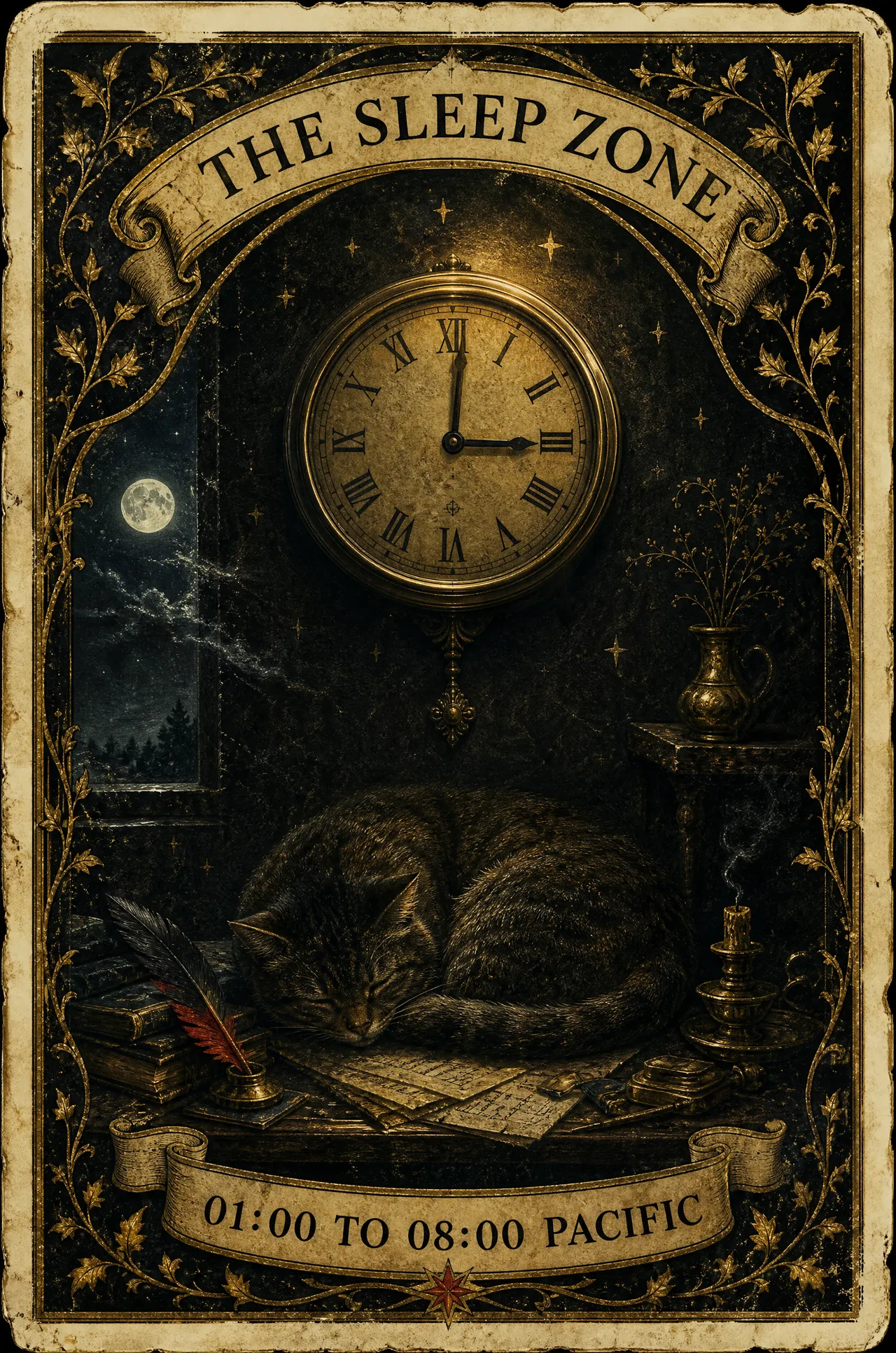 Illustration: a devotional card for the sleep zone, a dark clock face with the hours 01:00 to 08:00 Pacific left unmarked.