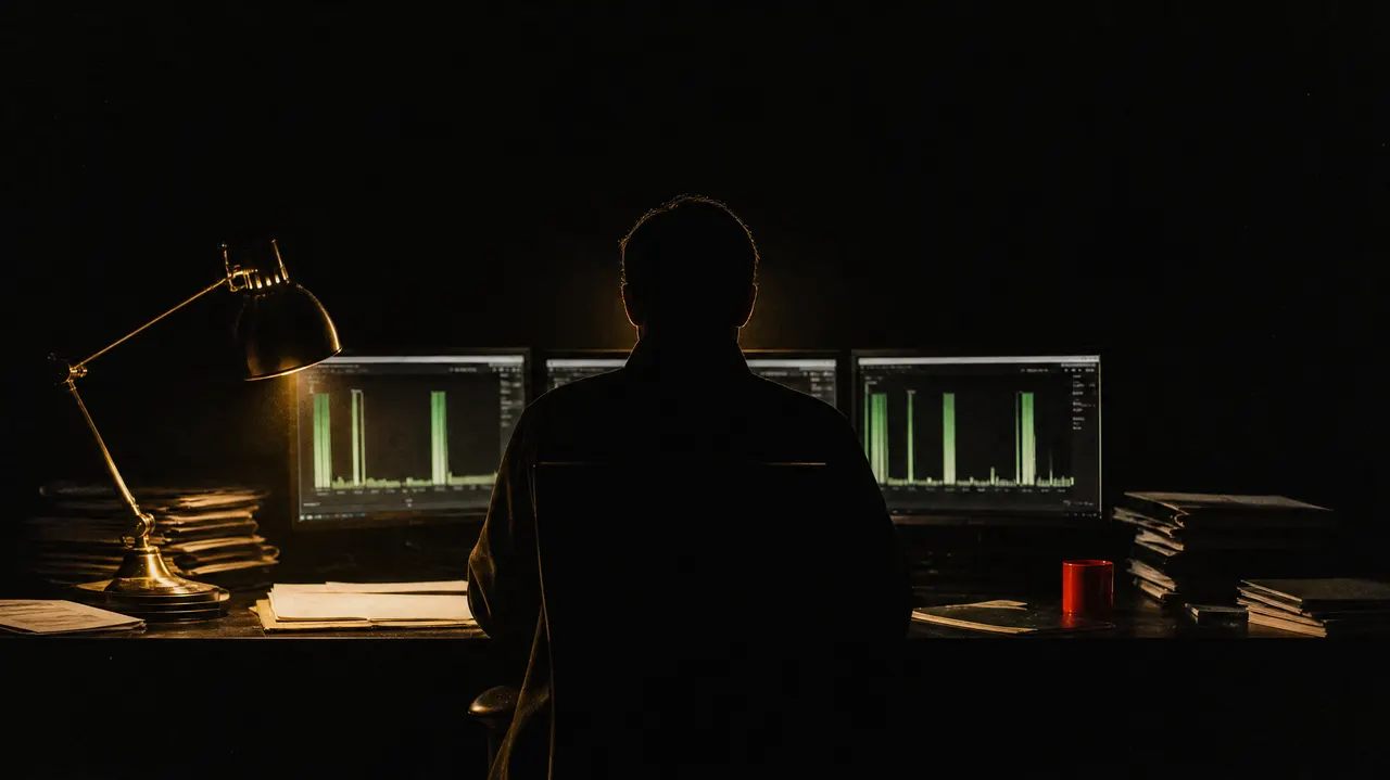 Illustration: the desk, an empty chair, a lit lamp and one brass button, seen from behind.