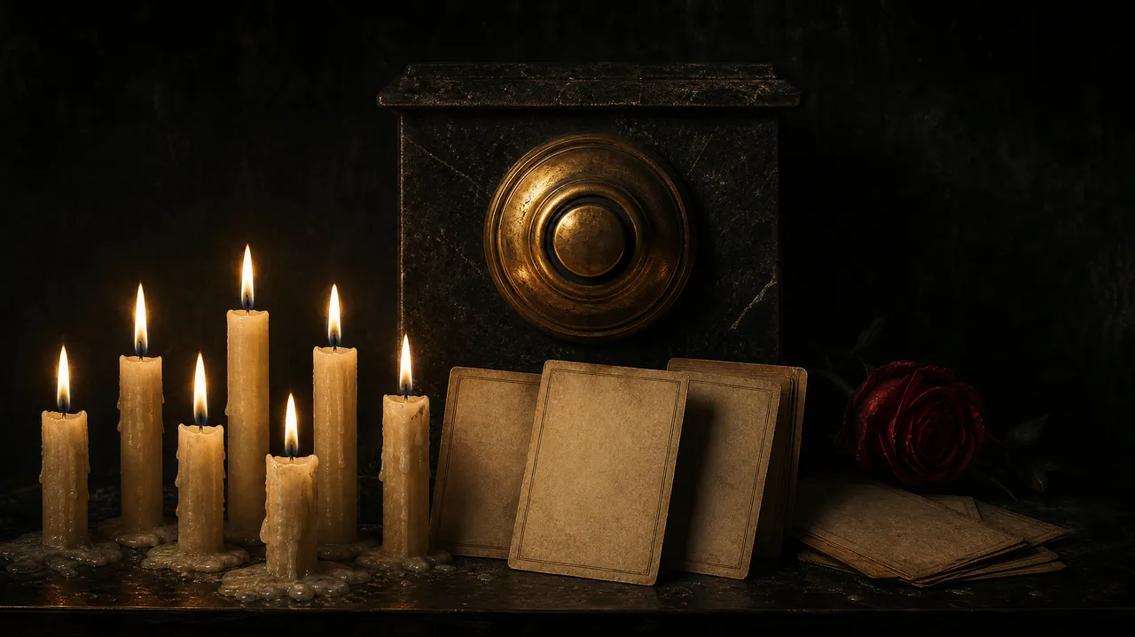Illustration: a rank of votive candles burning in front of a dark status board.